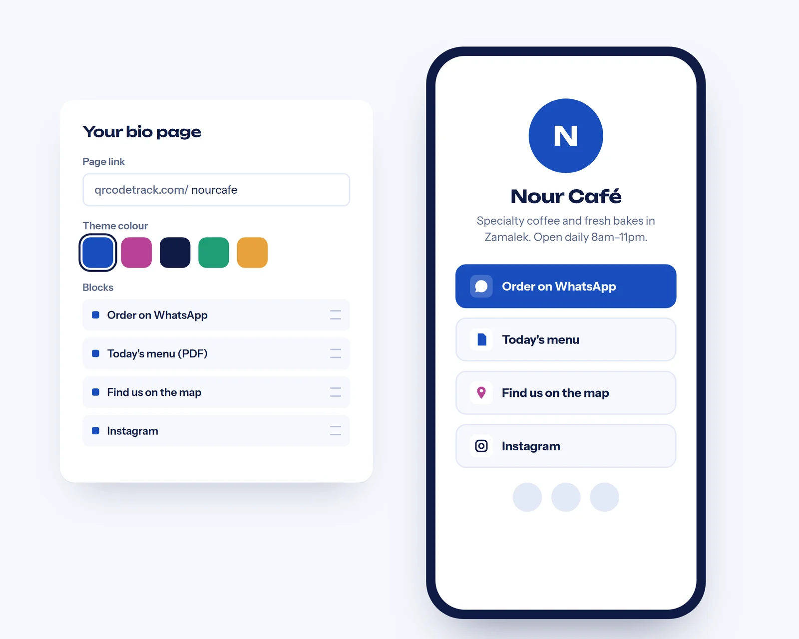 Bio page editor next to a phone showing a café bio page with WhatsApp, menu and map links