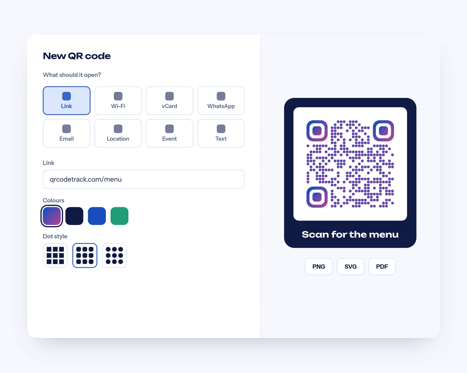 QR code editor with content types, colours and dot styles, and a framed code reading Scan for the menu