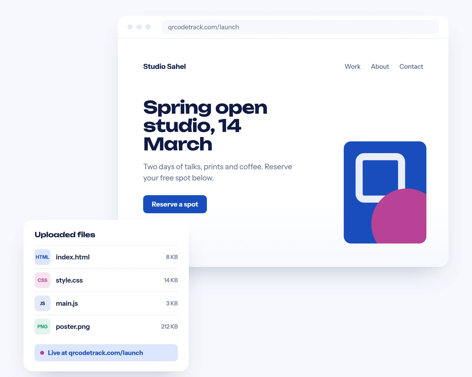 Uploaded HTML, CSS and image files published as a live event page